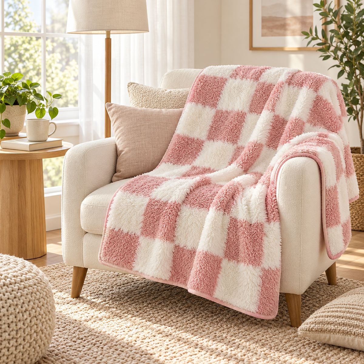 Calevina pink and white throw blanket in the smaller size, open across a plain armchair in a reading nook #color_pink and white