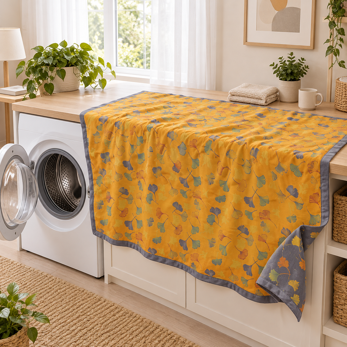 Calimor ginkgo leaf machine washable throw blanket in mustard yellow and gray beside an open washing machine