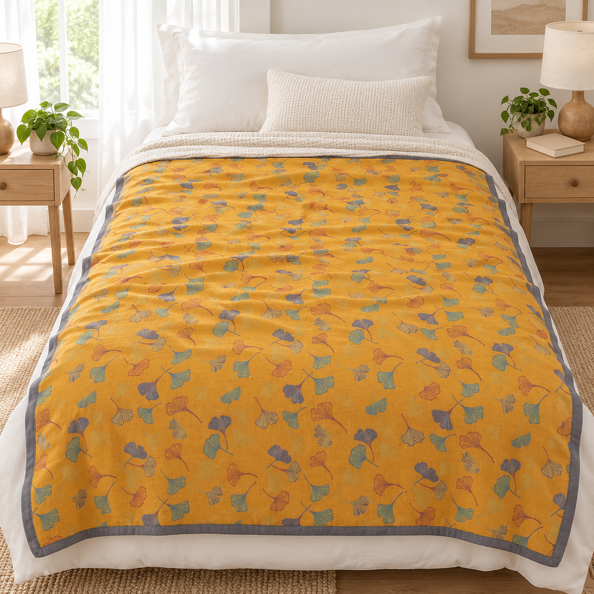 Calimor ginkgo leaf queen size blanket in mustard yellow and gray spread over a made twin bed in a bright bedroom