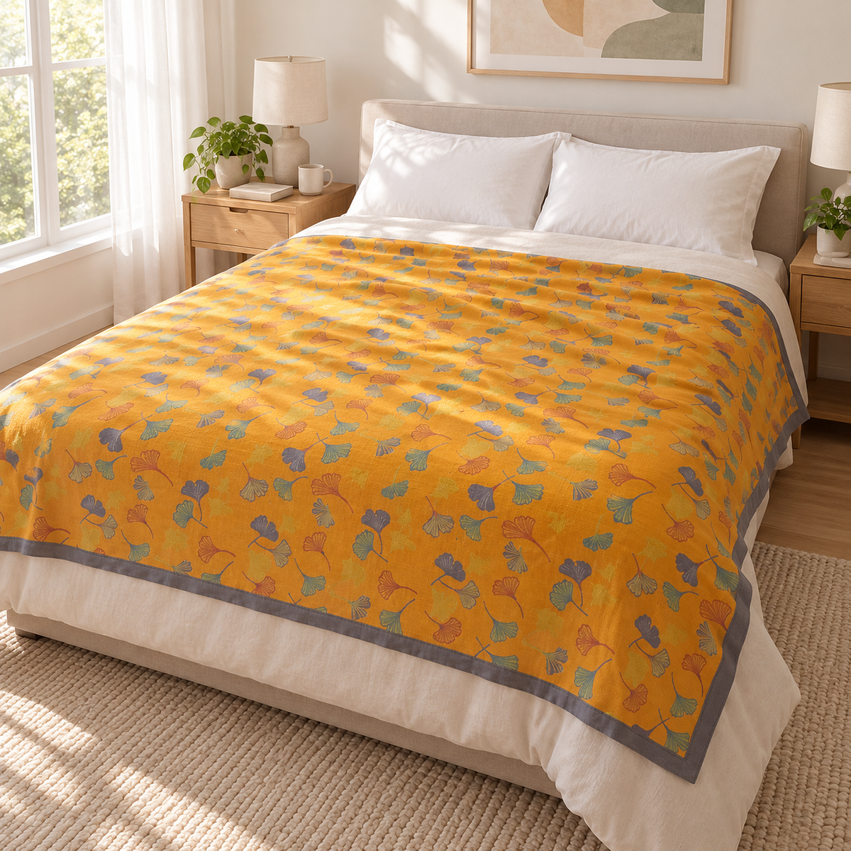 Calimor ginkgo leaf soft throw blanket in mustard yellow and gray across a made bed beside a pillow in morning light