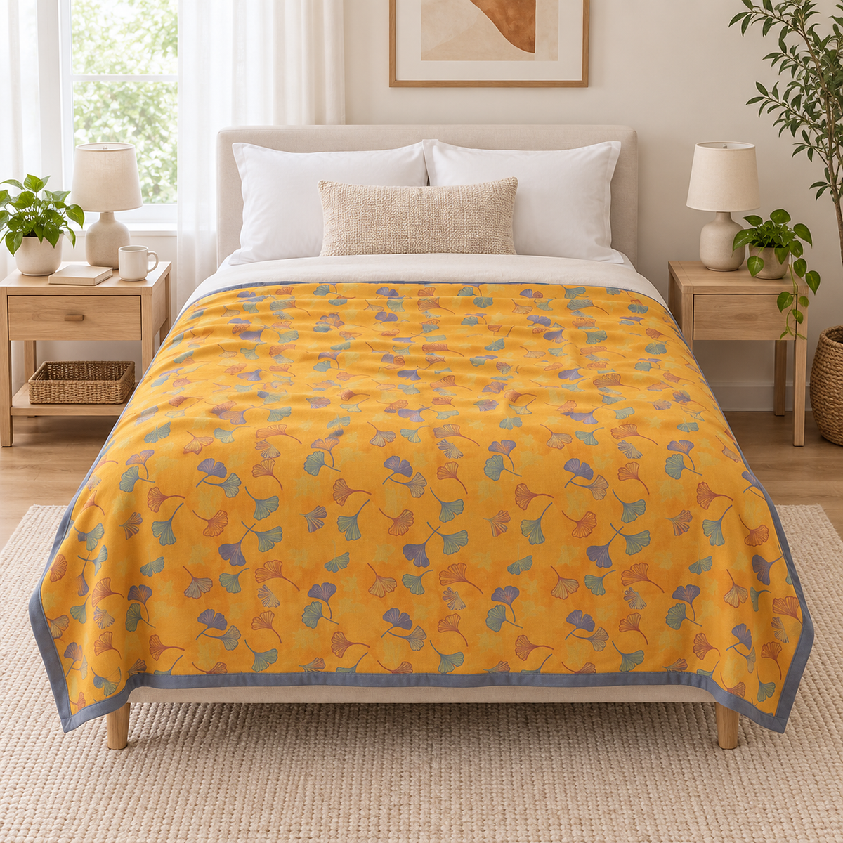 Calimor ginkgo leaf soft throw blanket in mustard yellow and gray in its smallest size centered over a twin bed