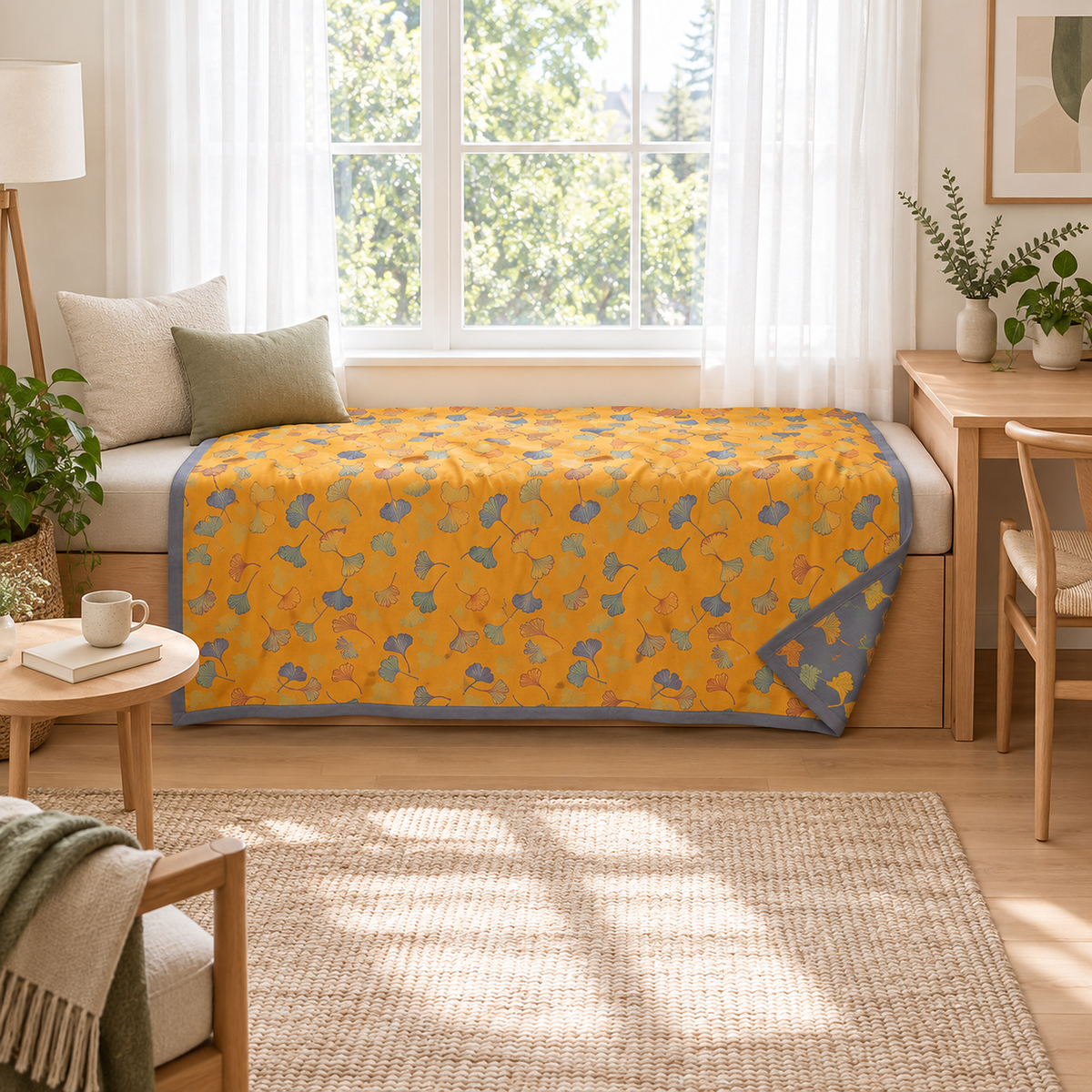 Calimor ginkgo leaf throw blanket in mustard yellow and gray hanging open over a window seat on a bright landing