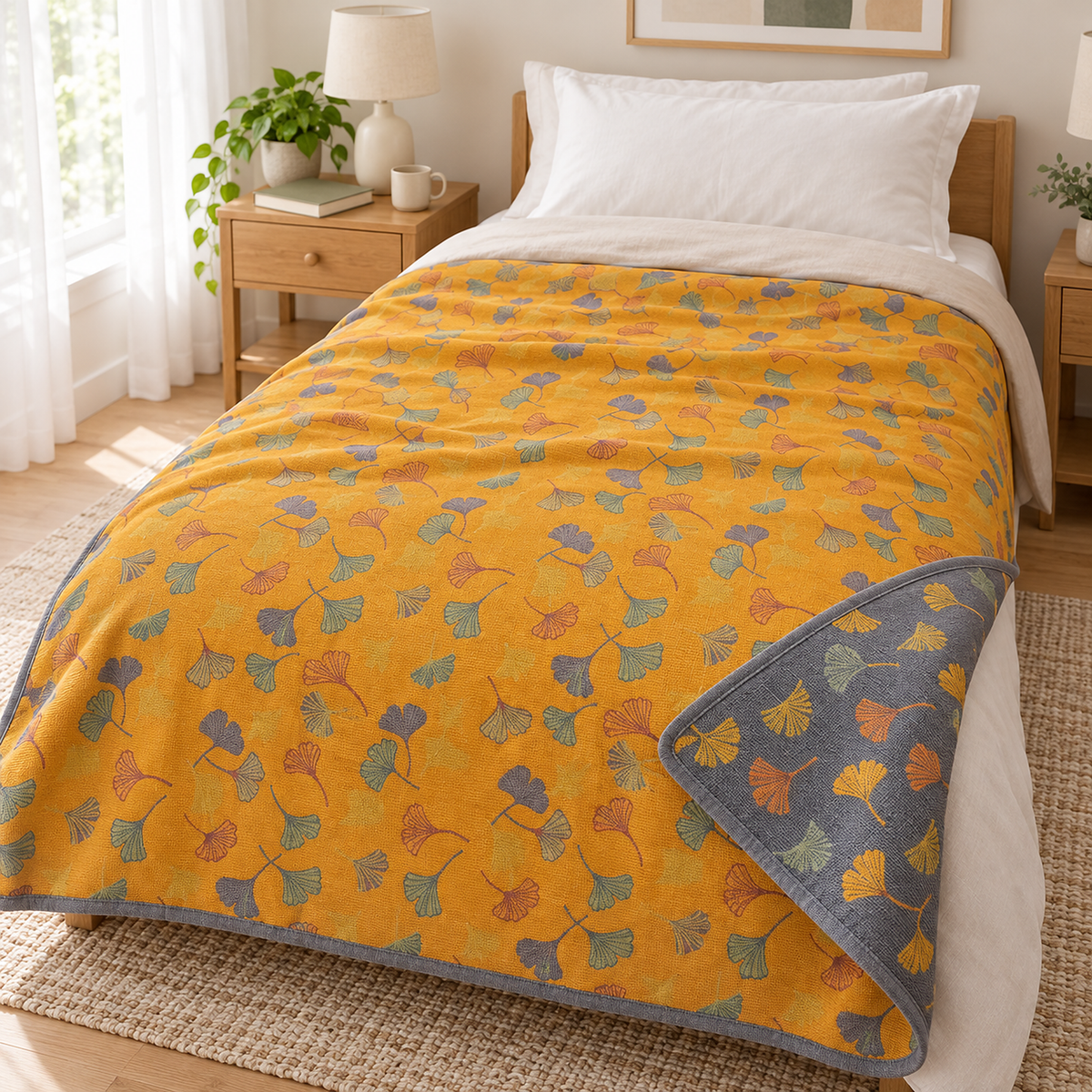 Calimor ginkgo leaf throw blanket in mustard yellow and gray with a corner turned back showing the gray border