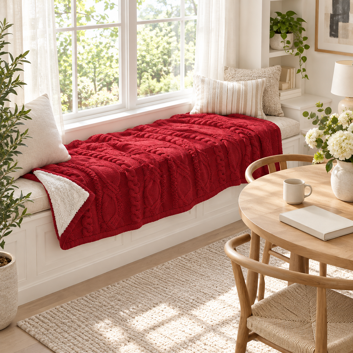 Camirel red chunky knit blanket spread across a cushioned window seat in a bright nook