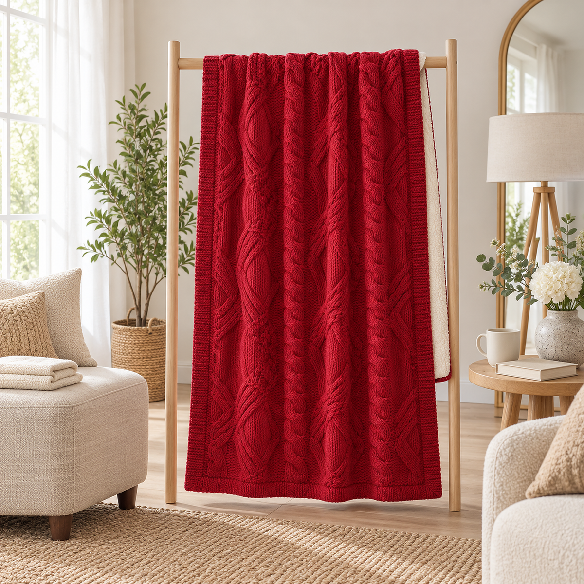Camirel red knit throw blanket opened out on a wooden rail in a dressing room