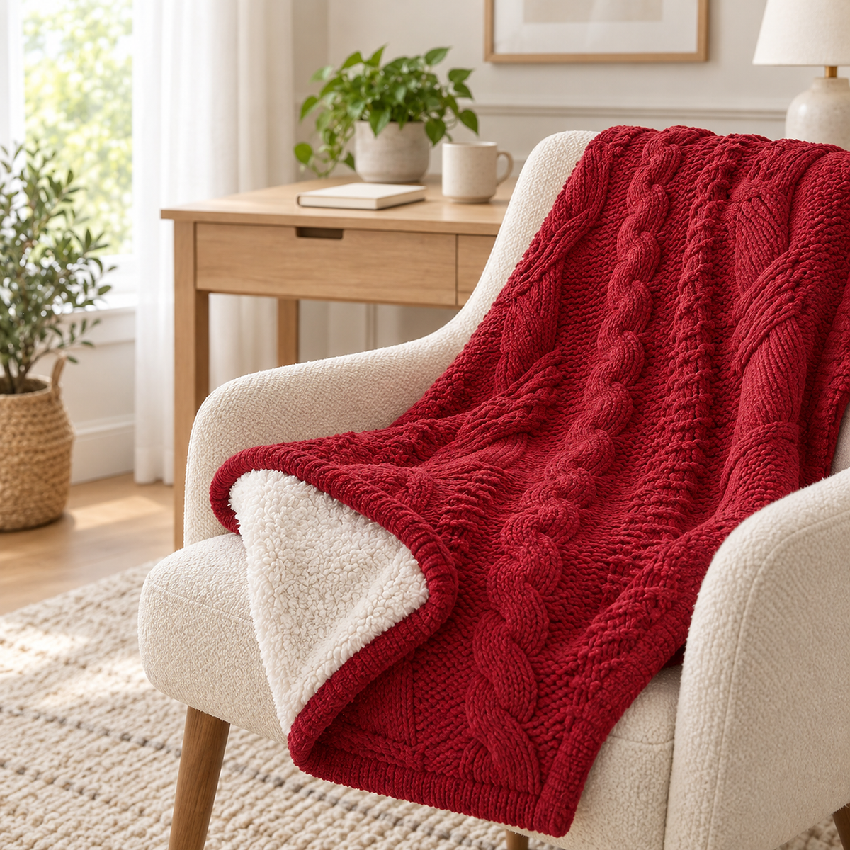 Camirel red reversible sherpa blanket with a corner turned back to show the ivory sherpa reverse