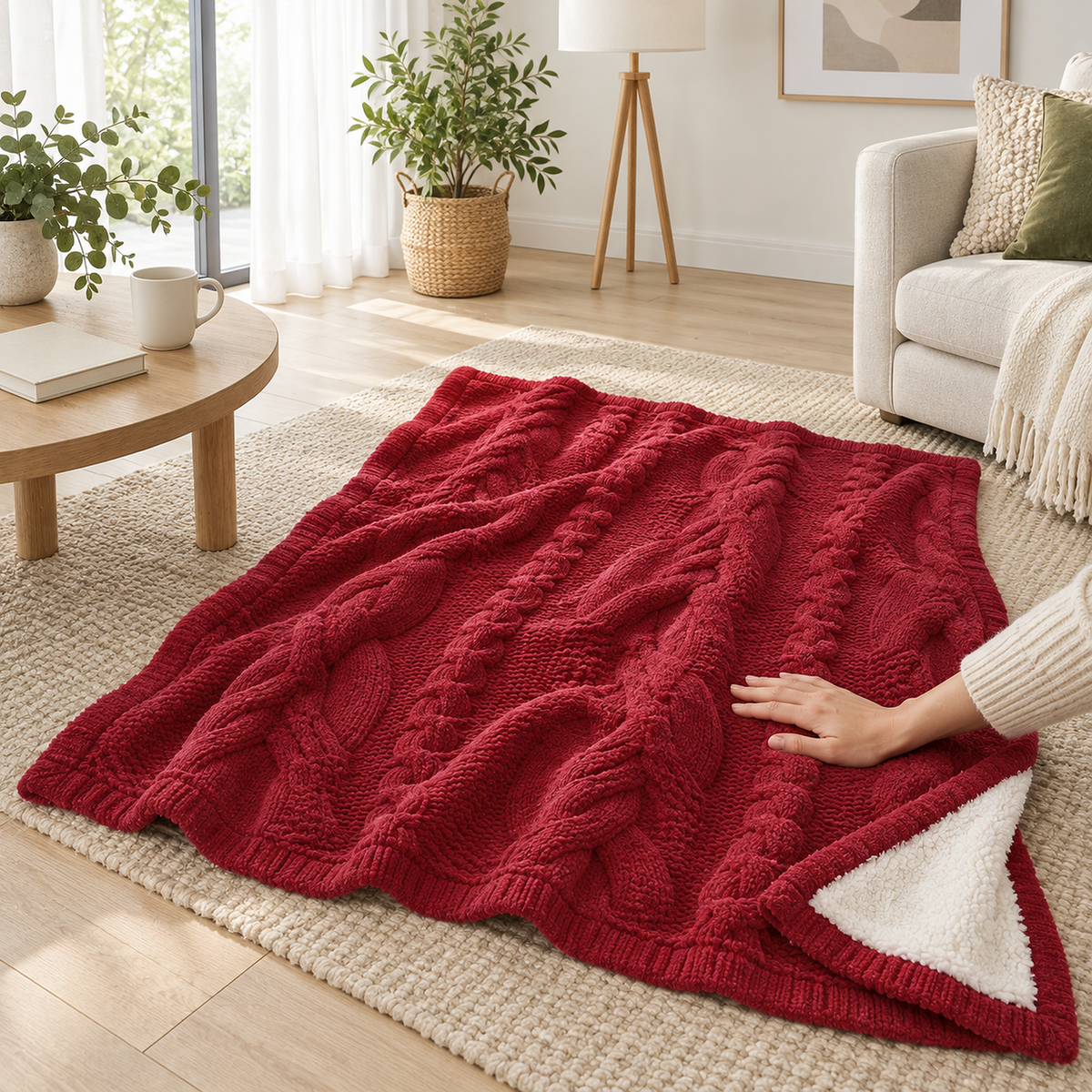 Camirel red sherpa throw blanket with a hand gently pressing the textured chenille knit face