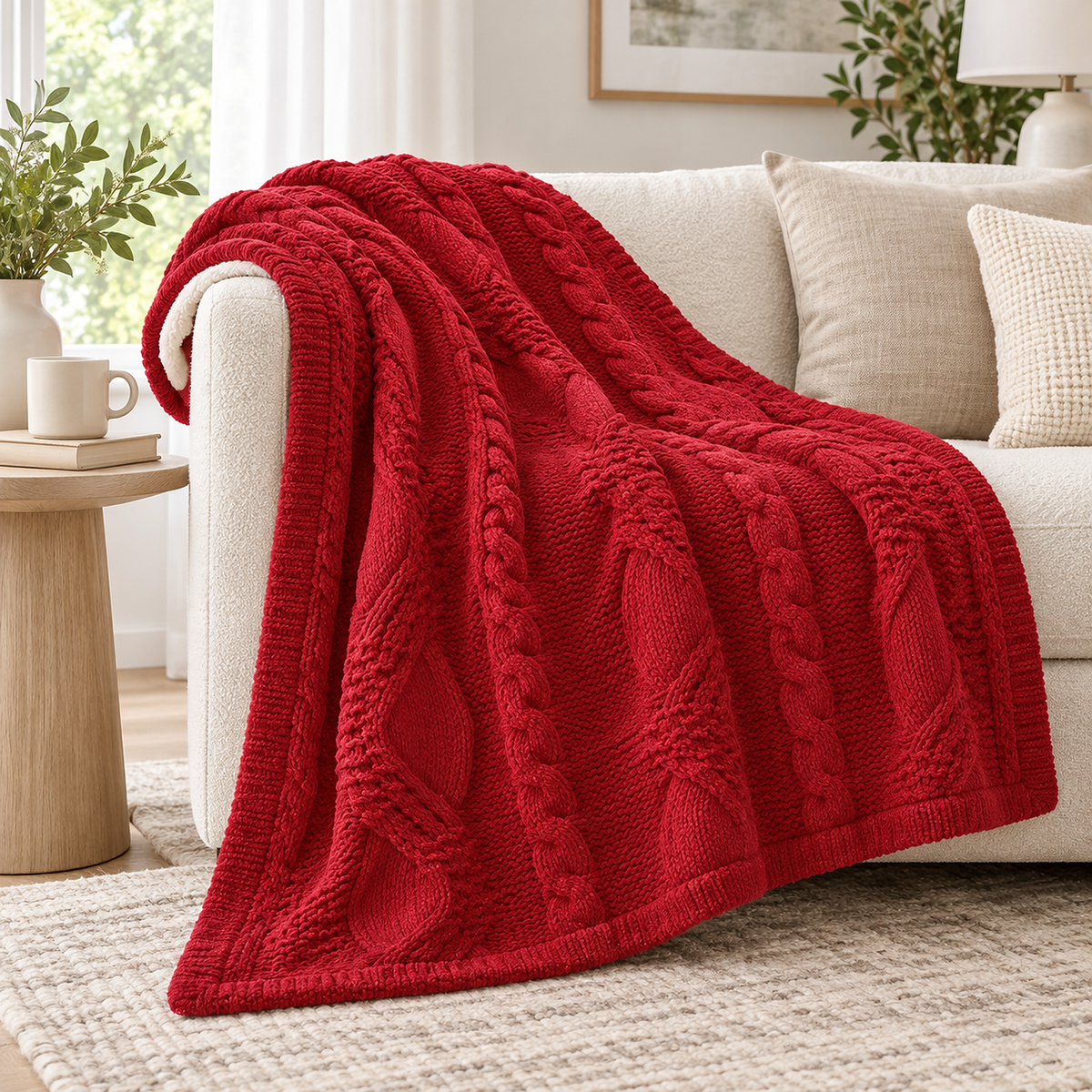 Camirel red soft throw blanket in chenille draped over an ivory sofa arm in the living room