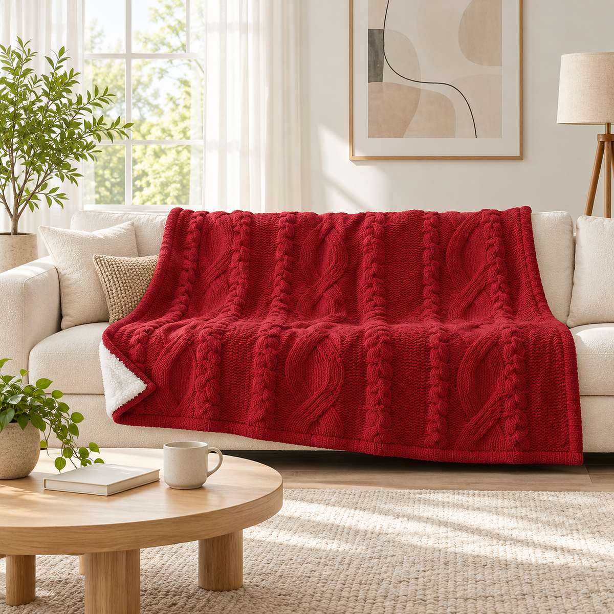 Camirel red soft throw blanket spread across sofa cushions to show its 130 by 150 cm size