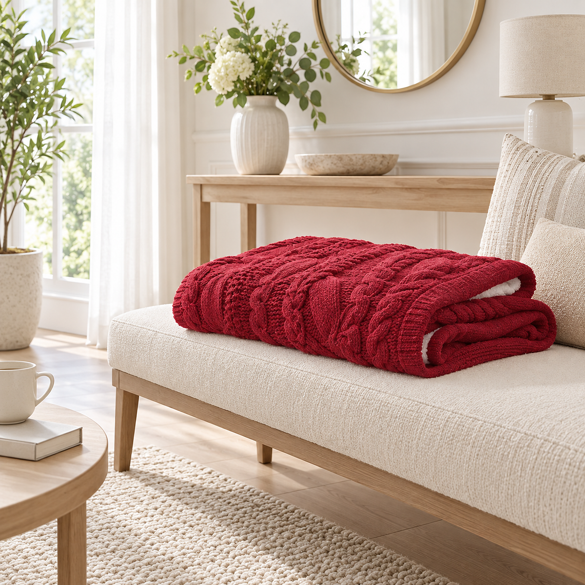 Camirel red throw blanket for couch folded on an entry bench to show its thickness