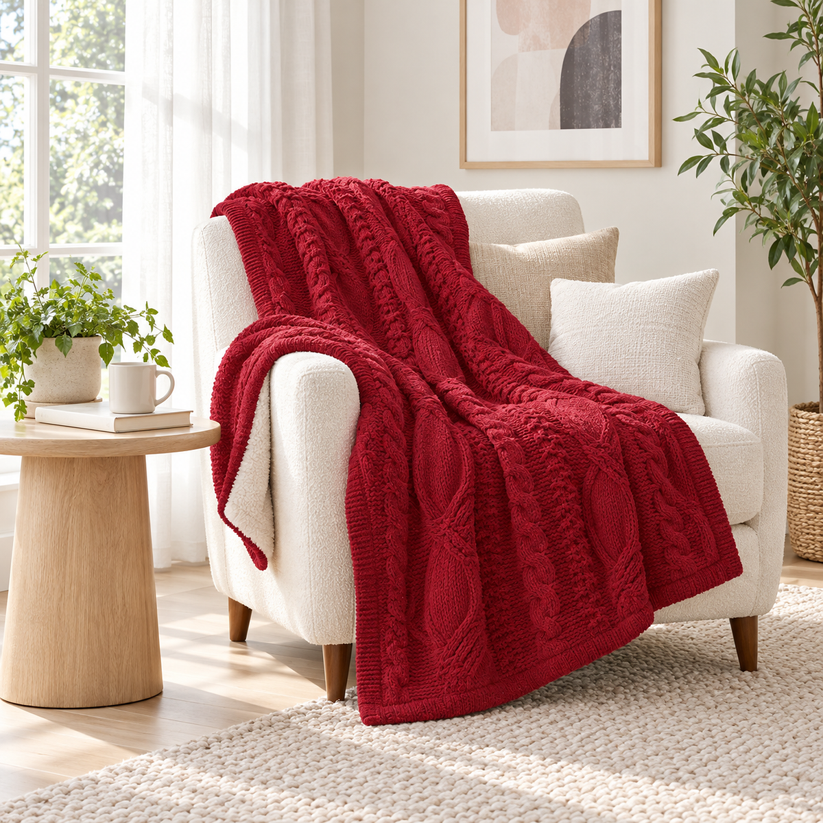 Camirel red throw blanket in chenille folded over a reading chair arm beside a book and mug