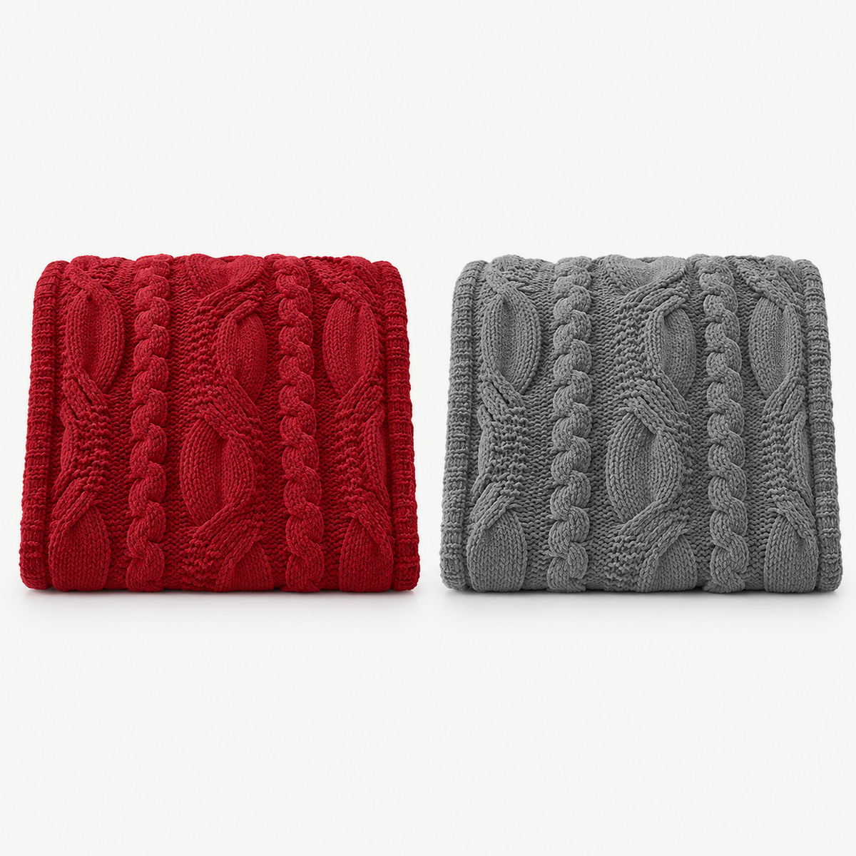Camirel reversible sherpa blanket in red and gray, both cable knit throws folded side by side