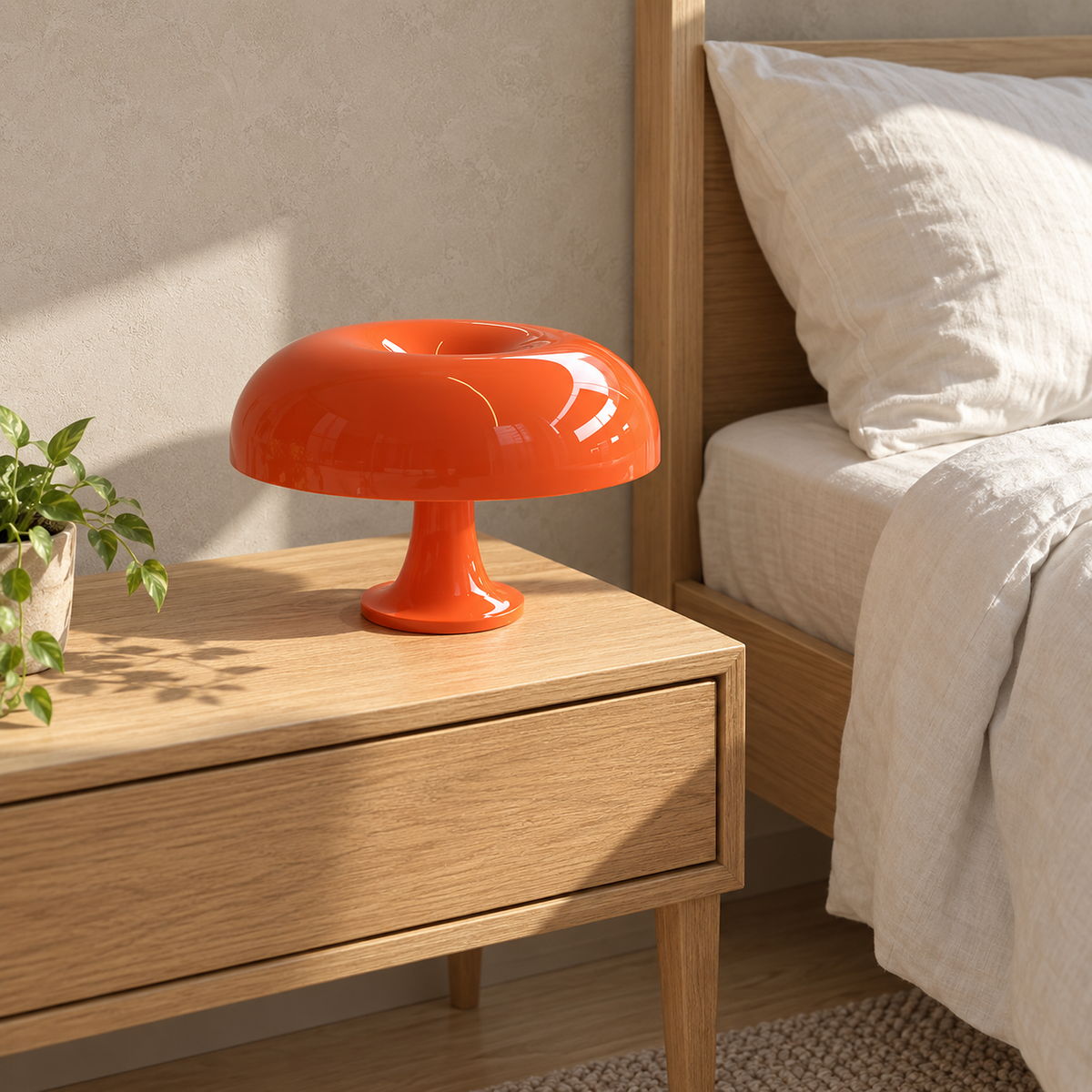 Camolire orange rechargeable mushroom table lamp adding a bit of color in bright morning sun