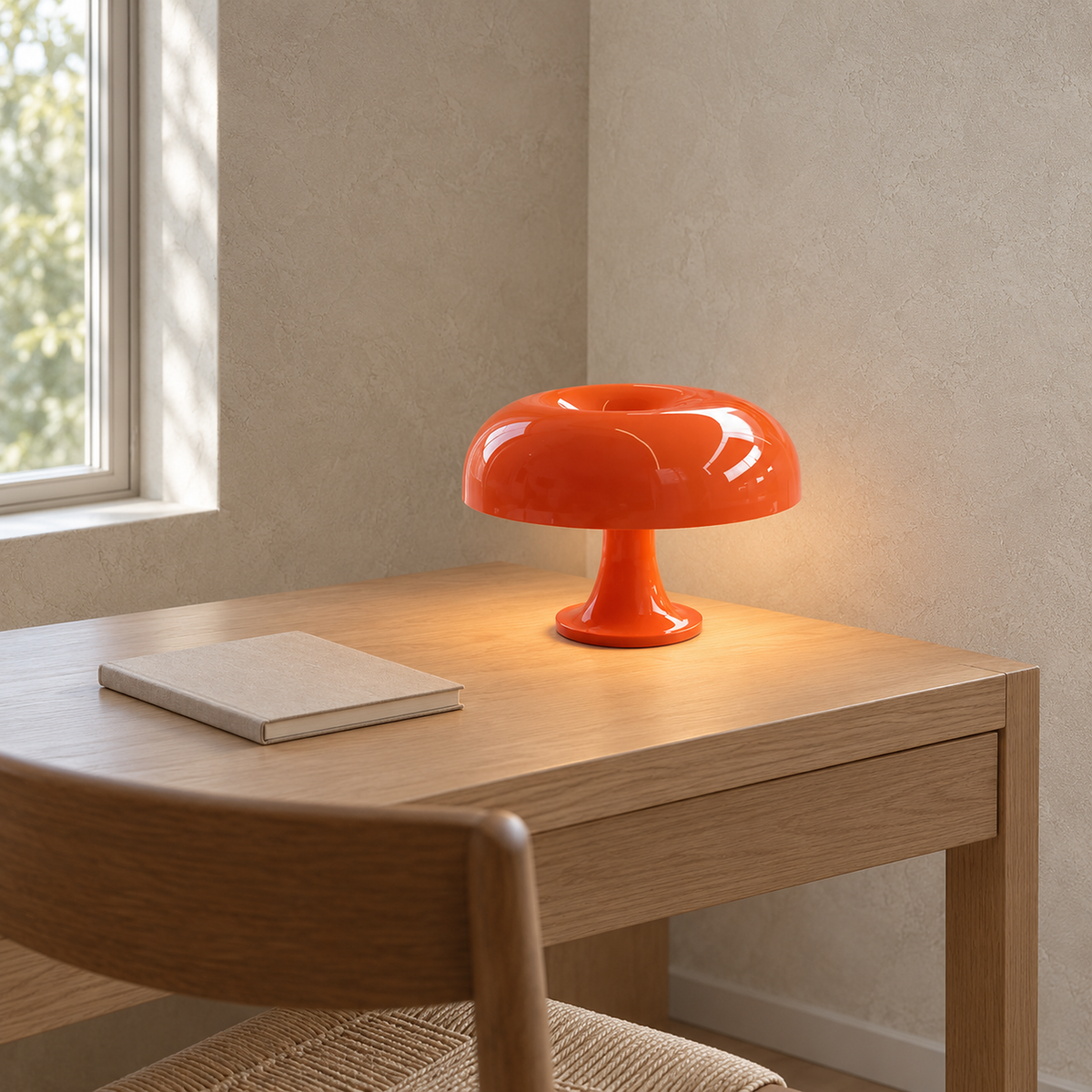 Camolire orange mushroom table lamp on a tidy writing desk in a library nook