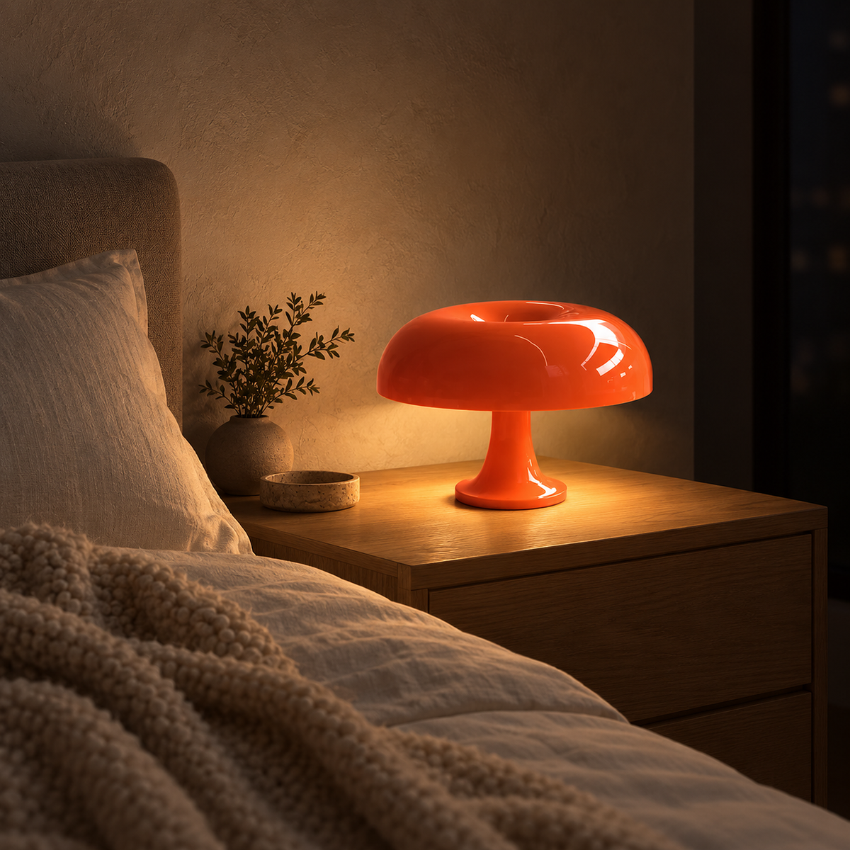 Camolire orange mushroom table lamp warming the bed corner of a loft alcove after dark