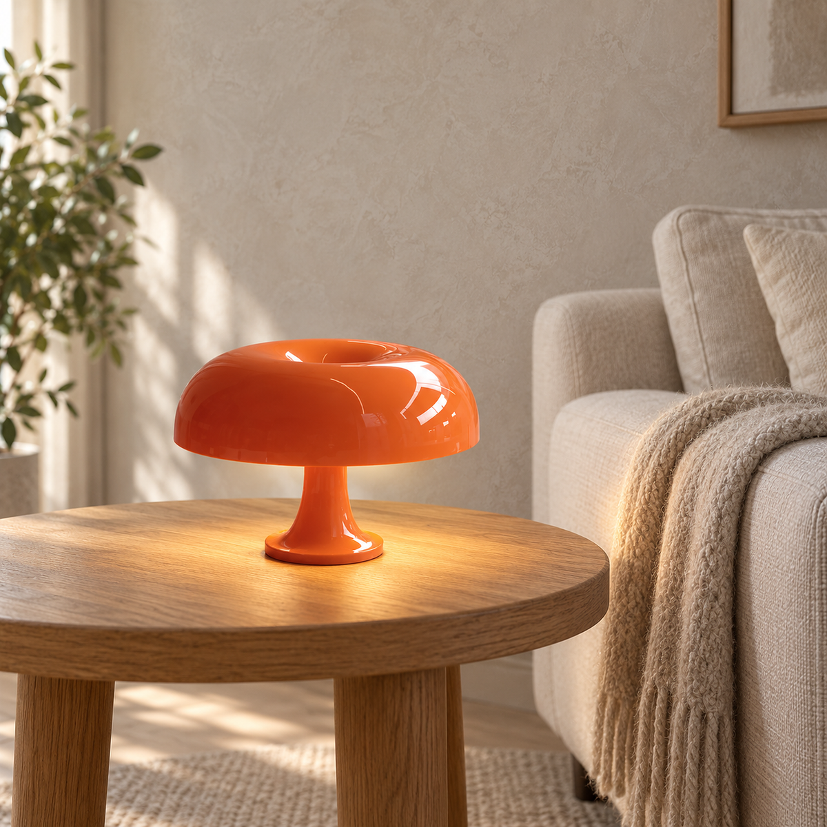 Camolire orange table lamp lit in a living room, a close look at its circular foot