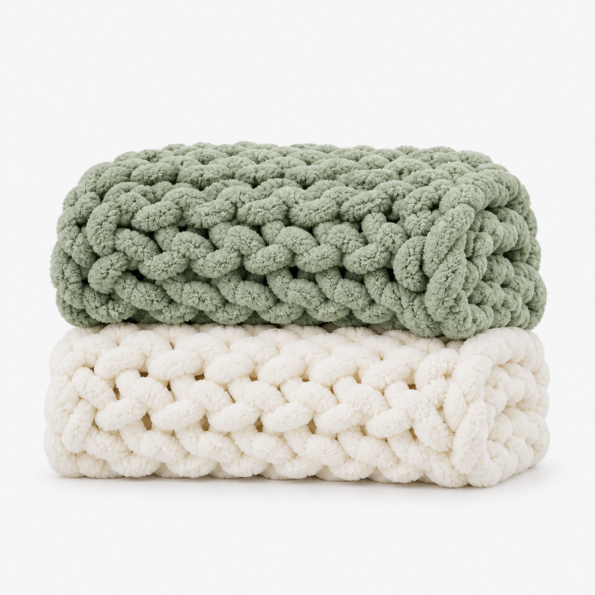Canimor sage green and white chunky knit blankets folded together in two solid colors