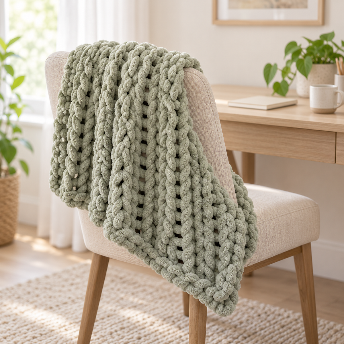 Canimor sage green chunky knit blanket corner draped in a writing nook, showing its handmade chenille knit
