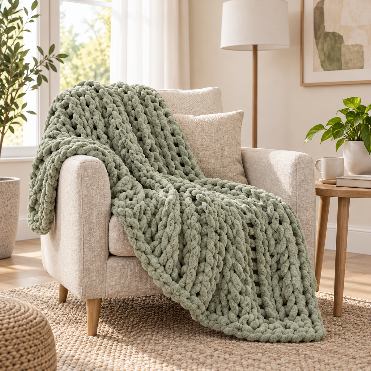Canimor sage green chunky knit blanket draped over a reading chair in a bright living room corner