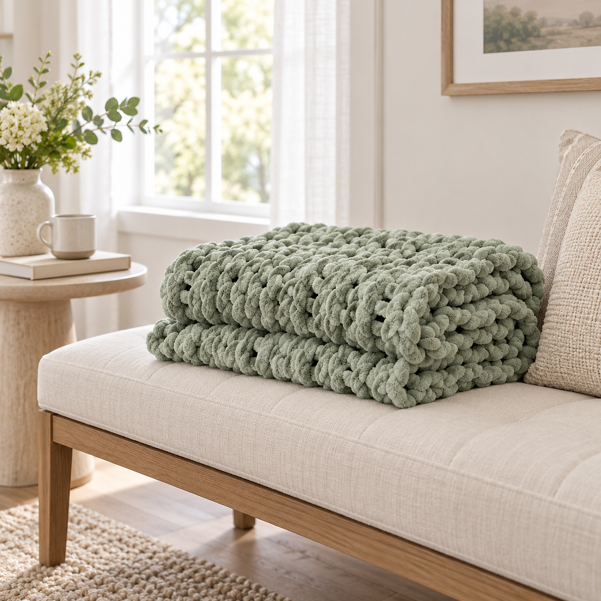 Canimor sage green chunky knit blanket folded in a hall alcove, showing its thick rounded knit layers