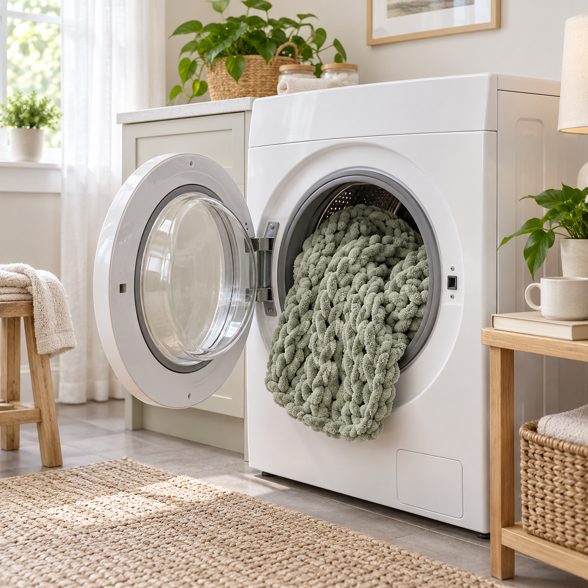 Canimor sage green knit throw blanket in a laundry room, ready for a cold machine wash with like colors