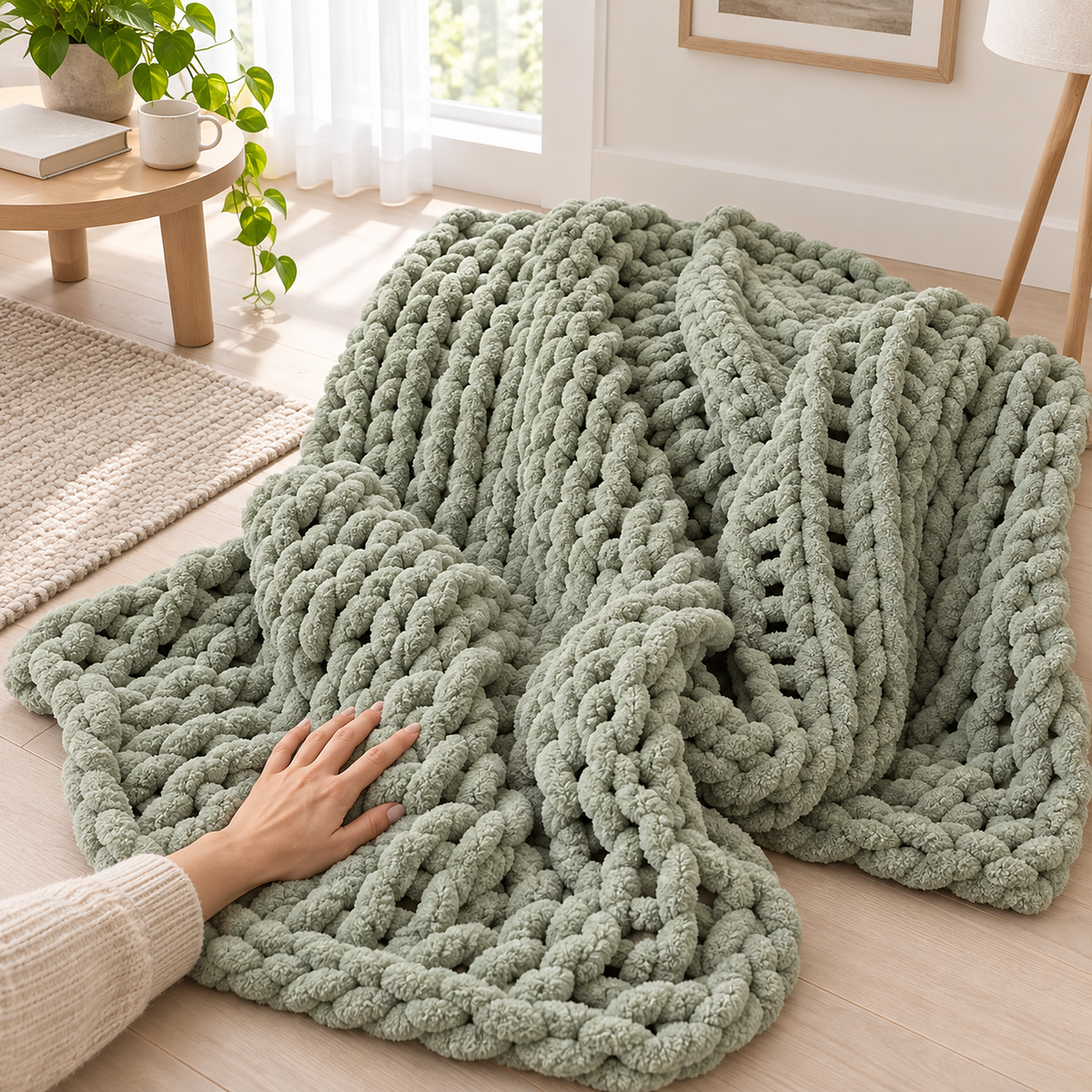 Canimor sage green soft throw blanket with a hand pressing gently into the handmade chenille knit