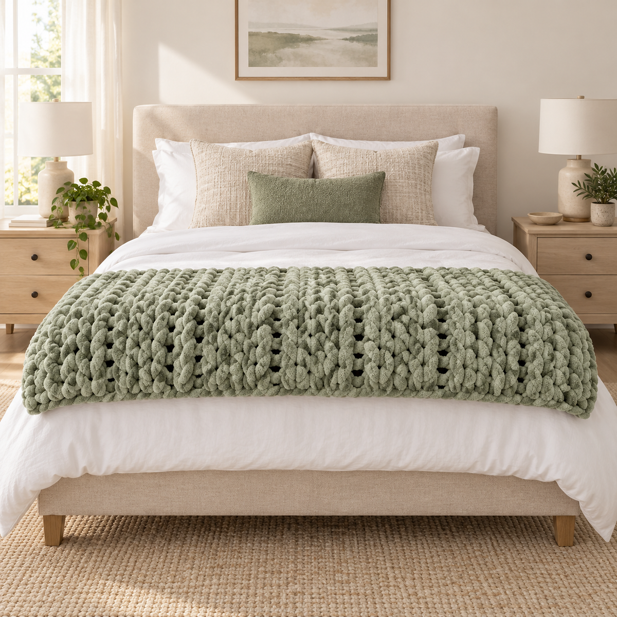 Canimor sage green throw blanket folded across the foot of a queen bed in the main bedroom