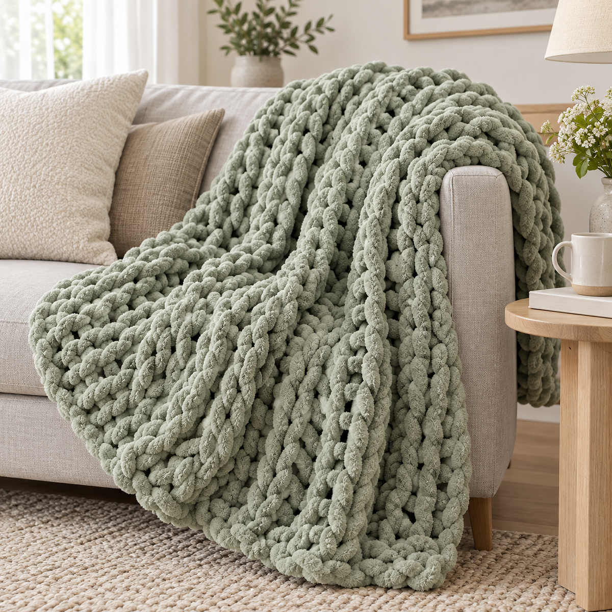 Canimor sage green throw blanket for couch draped over a pale sofa arm and falling into deep folds
