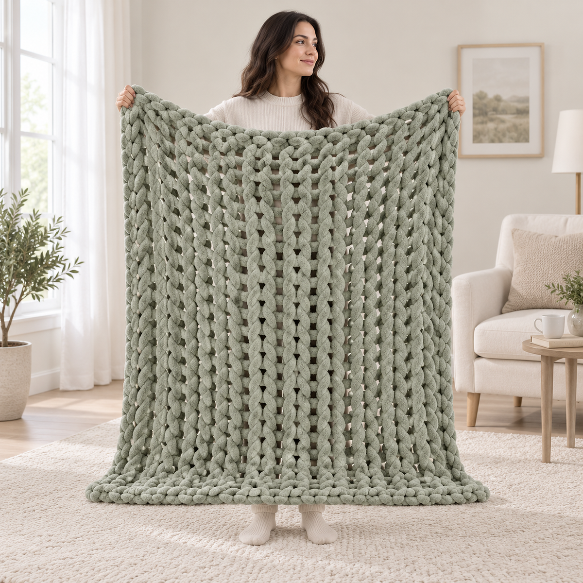 Canimor sage green throw blanket for couch held fully open against a standing adult to show its size