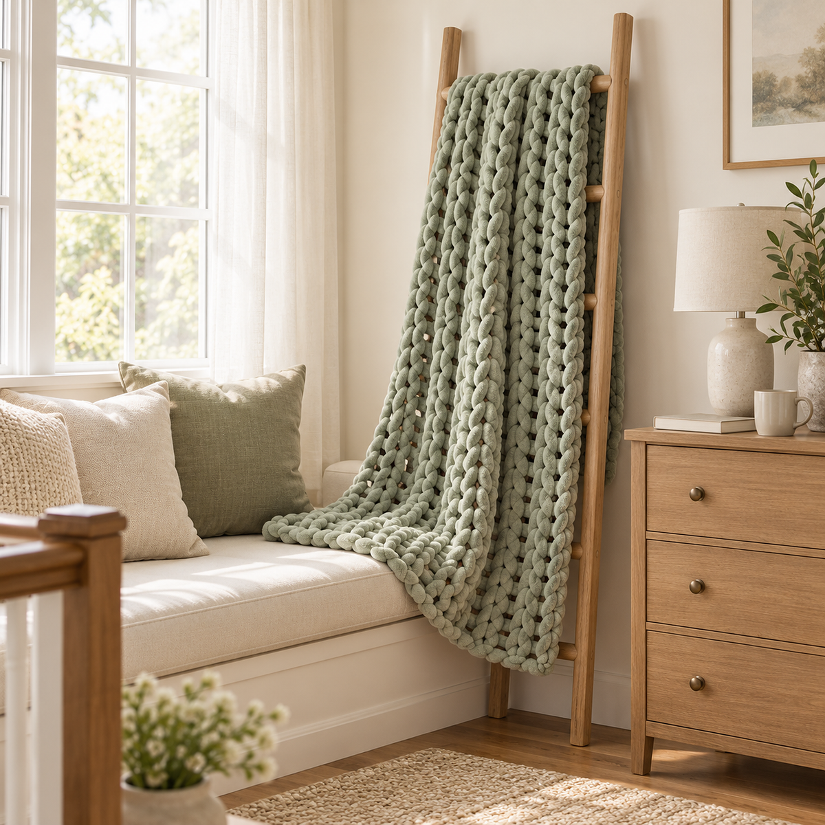 Canimor sage green throw blanket hung open on a wooden blanket ladder beside a dresser in a bright bedroom