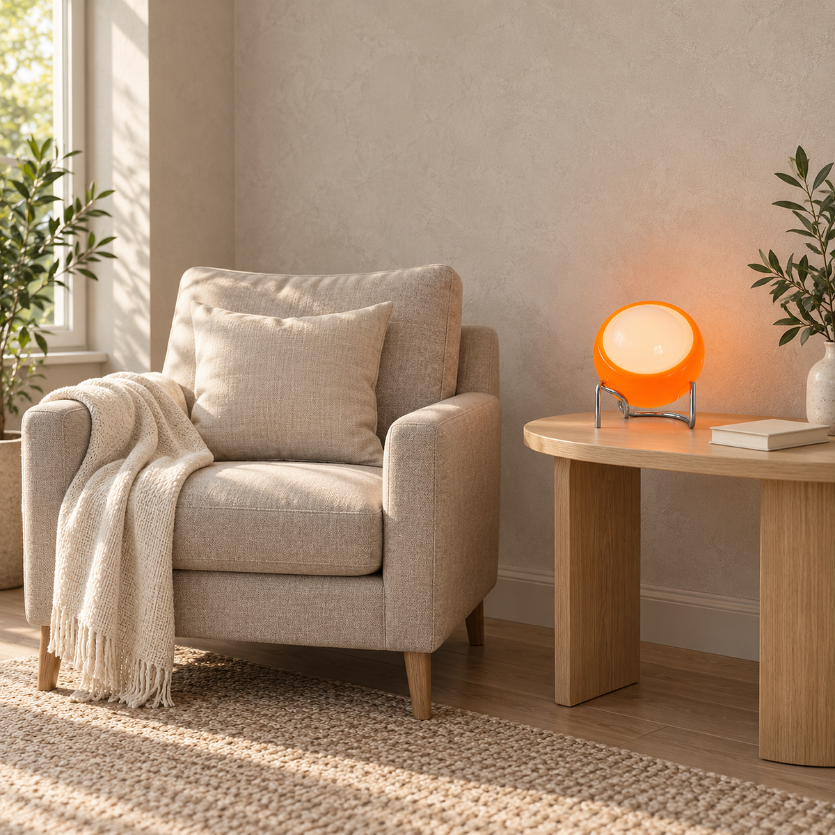 Canolva orange battery operated table lamp lit beside a living room armchair