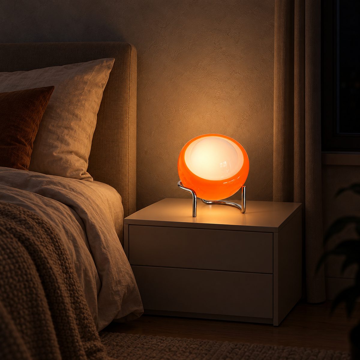 Canolva orange bedside lamp casting a soft nighttime glow over a bedroom cabinet