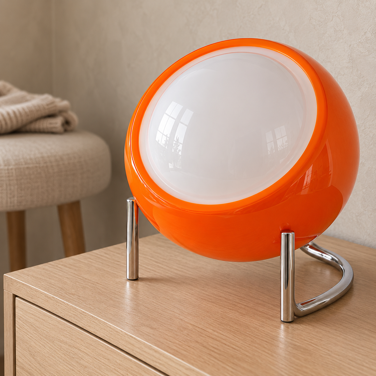 Canolva orange bedside lamp close up showing the face shell and stand in a dressing room