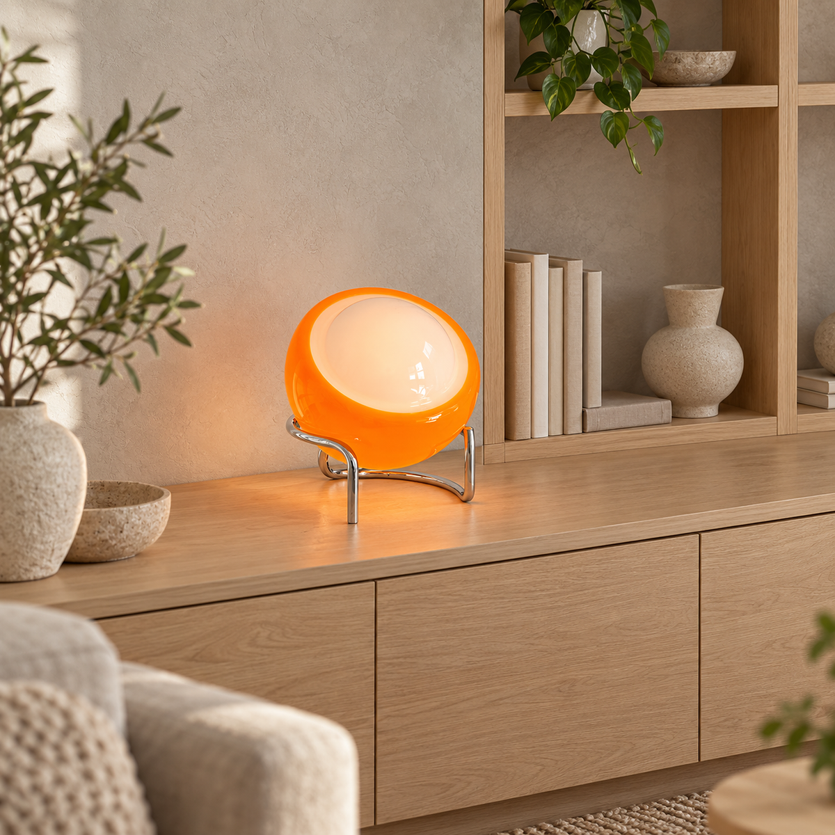 Canolva orange portable table lamp lit beside a library shelving bay in daylight
