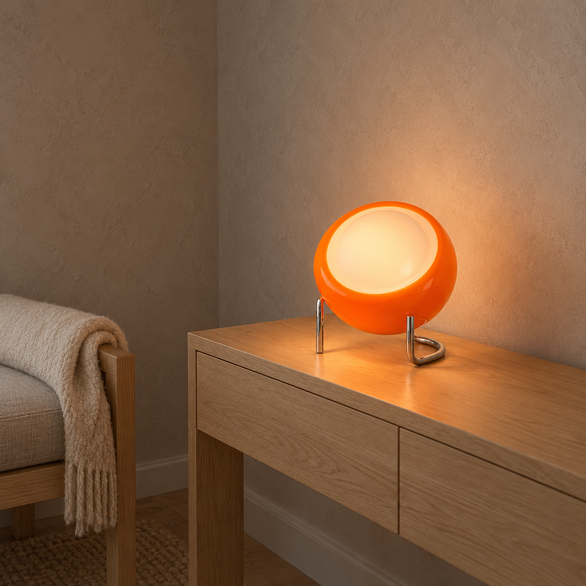 Canolva orange portable table lamp lit on a quiet upstairs landing console