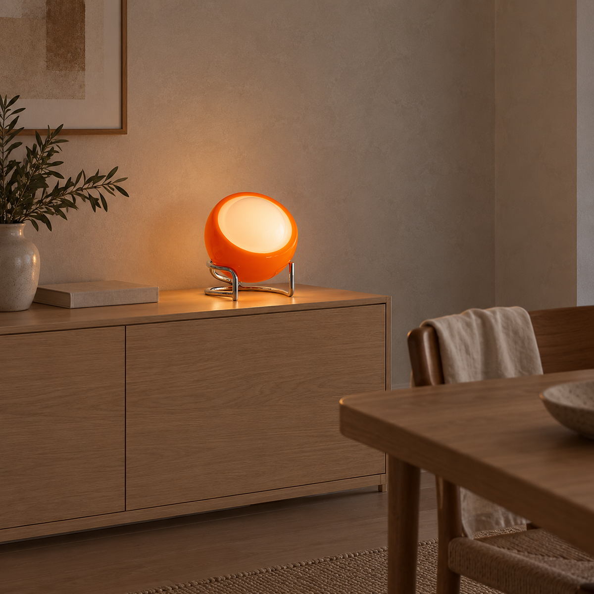 Canolva orange rechargeable table lamp lit on a dining room cabinet