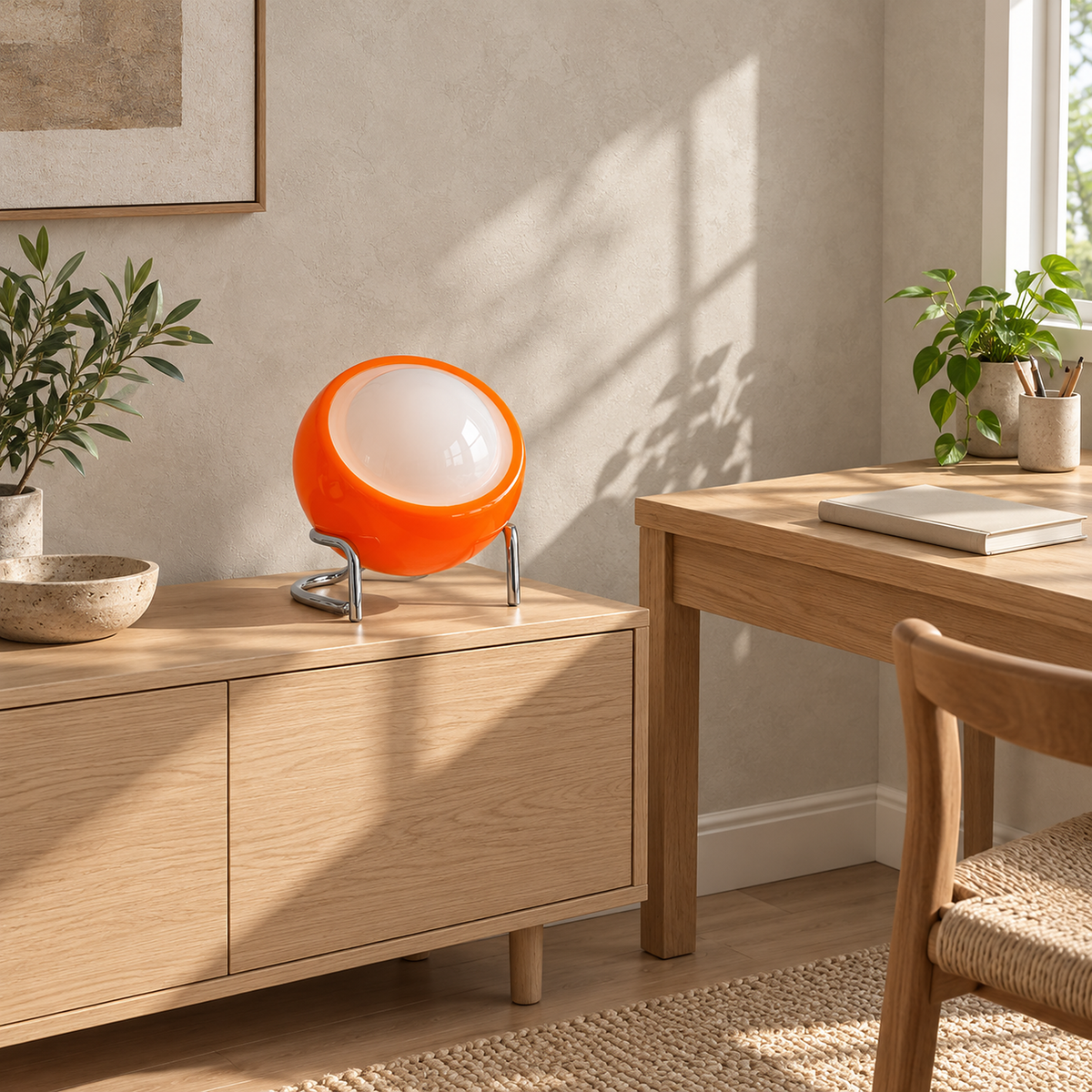Canolva orange table lamp sitting unlit in a sunlit home study, ready to touch on