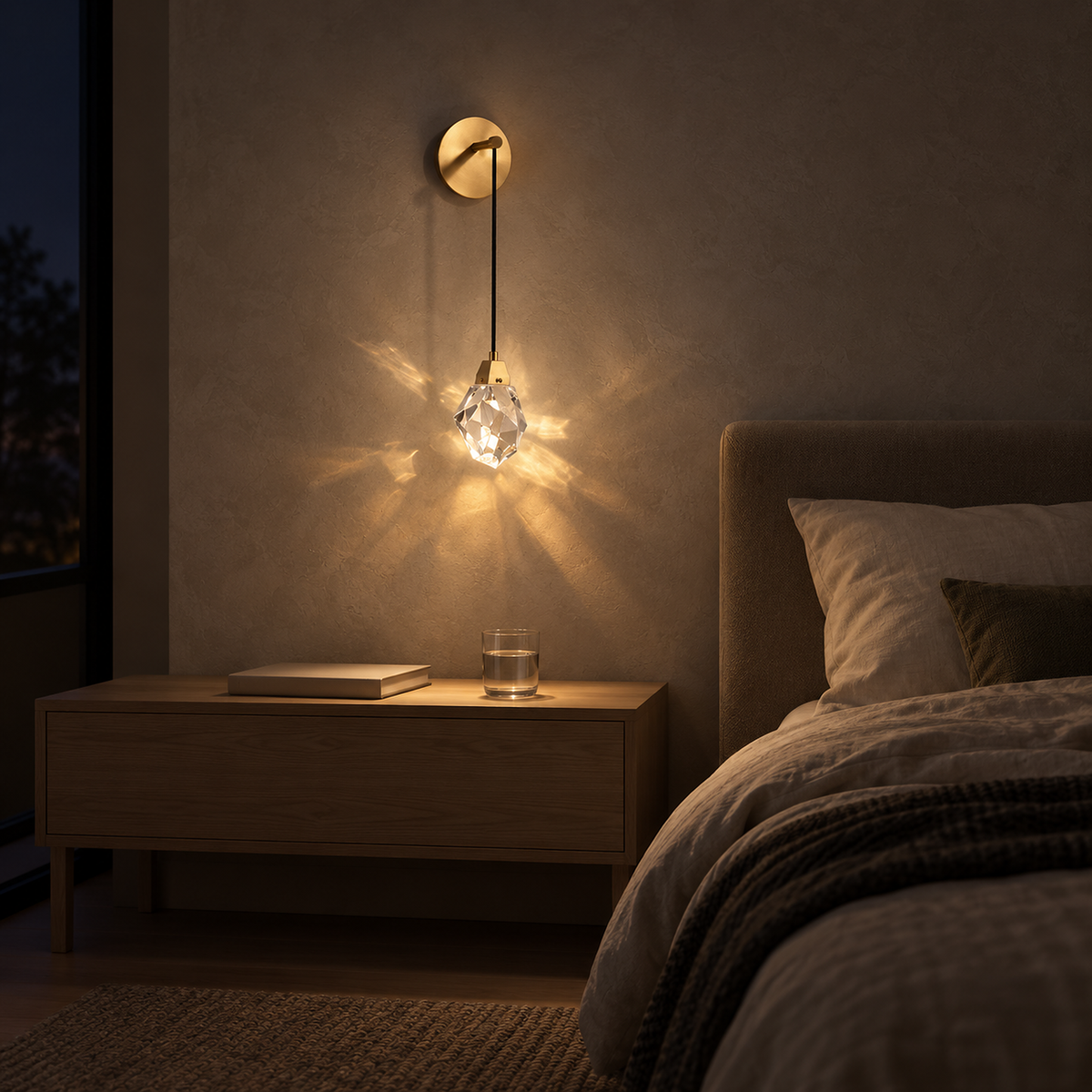 Caresilo brass color bedside wall light casting a gentle glow in a dark bedroom