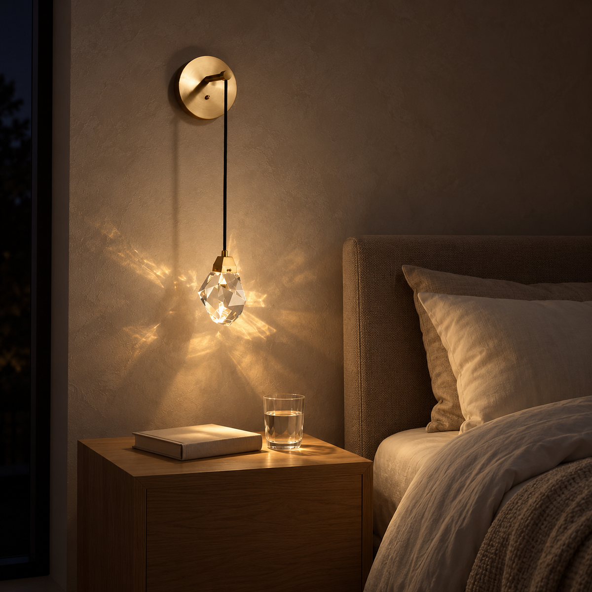 Caresilo brass color bedside wall light glowing after dark in a guest bedroom