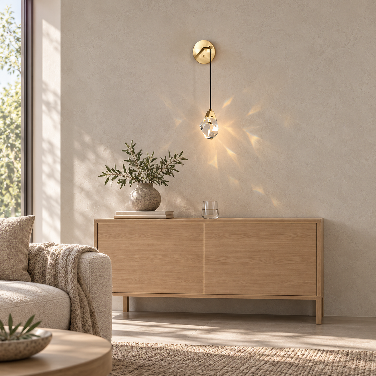 Caresilo brass color wall light lit as an ornament on a living room wall