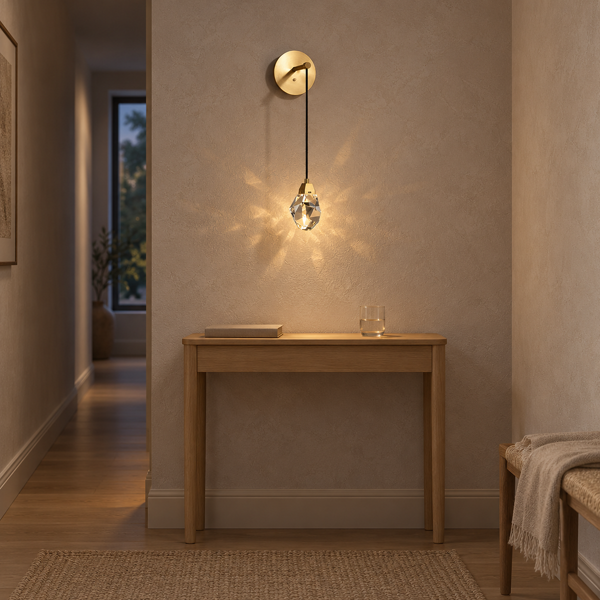 Caresilo brass color wall light lit on narrow hallway plaster wall