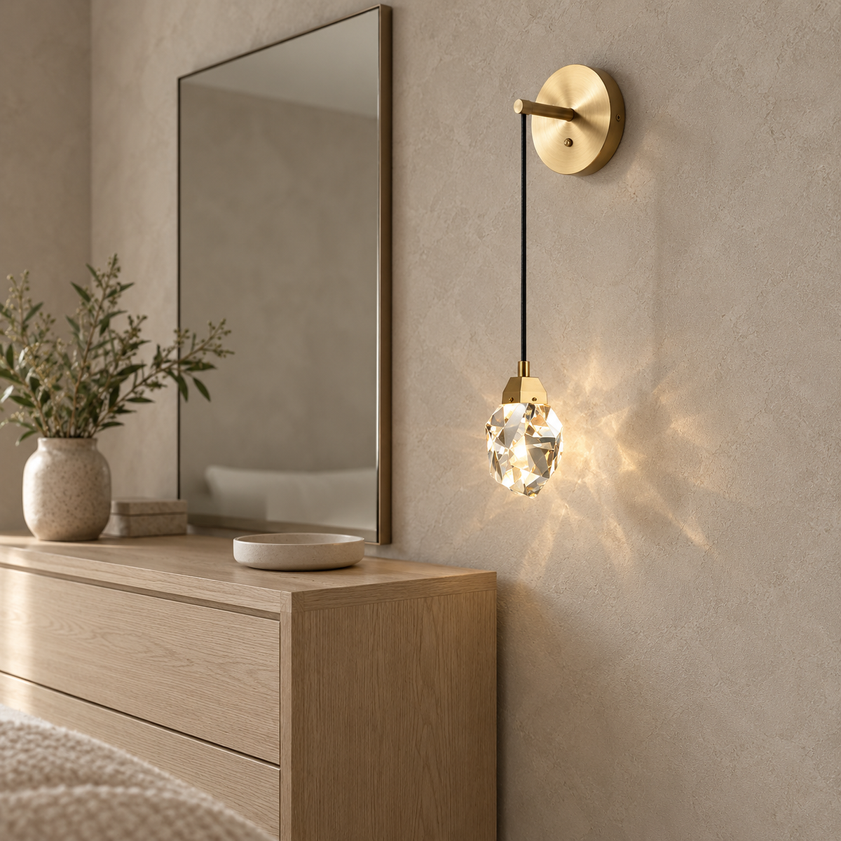 Caresilo brass color wall sconce lit beside a dressing room mirror in daylight