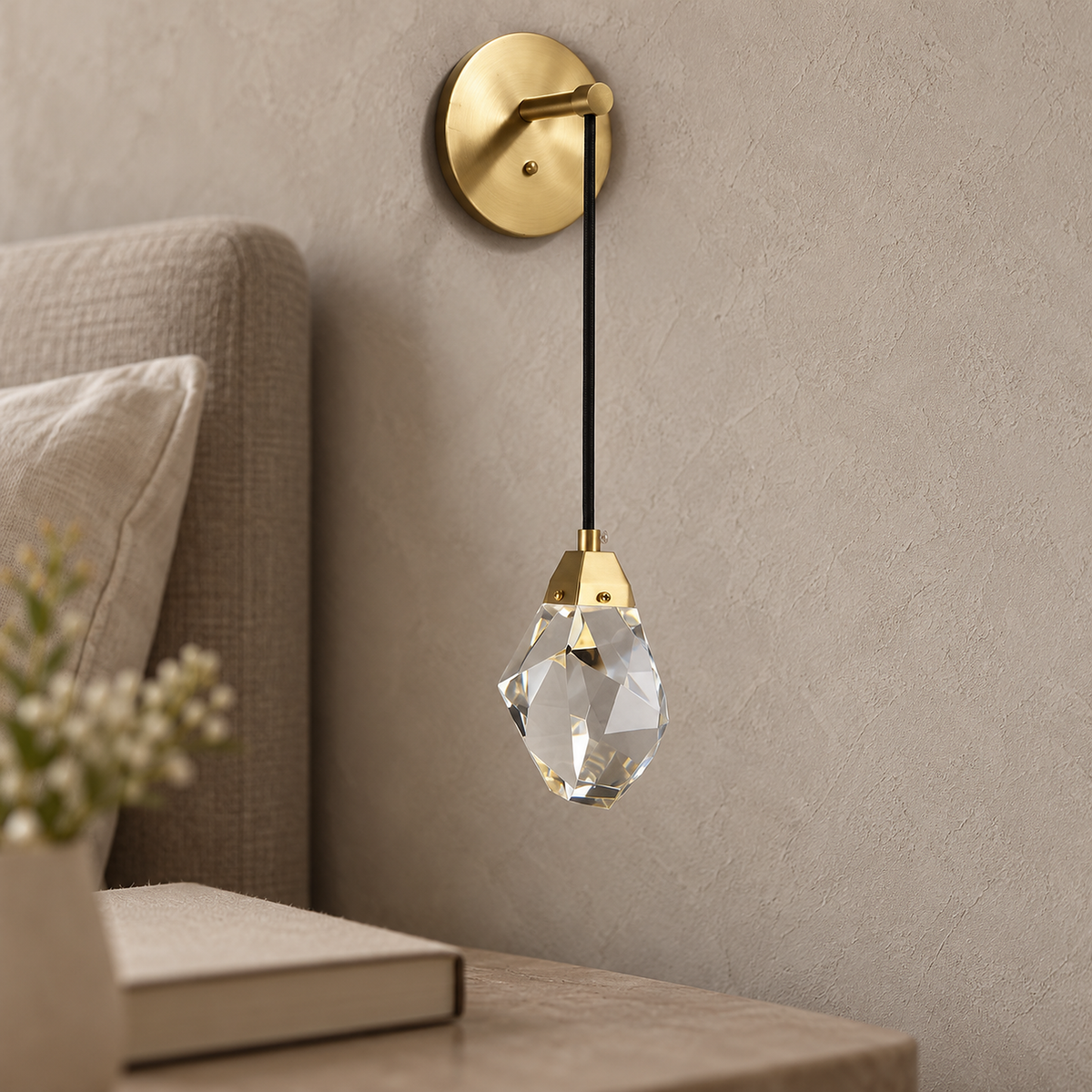 Caresilo brass color wall sconce unlit with clear crystal facet detail up close