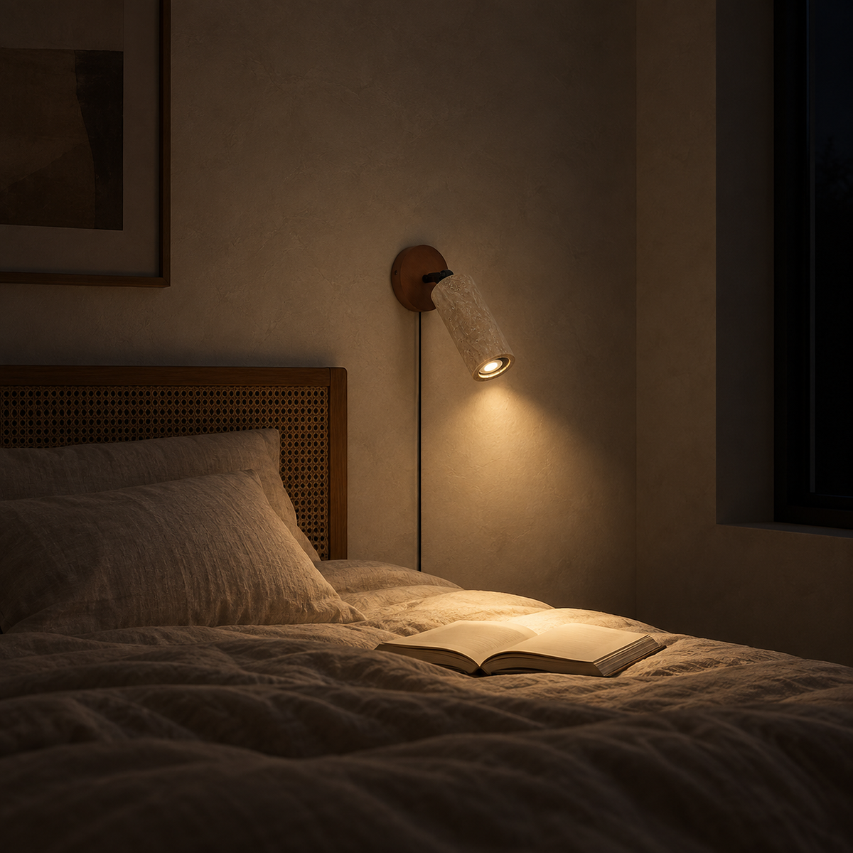 Cavenilo walnut color and yellow travertine bedside lamp casting warm light in a bedroom at night
