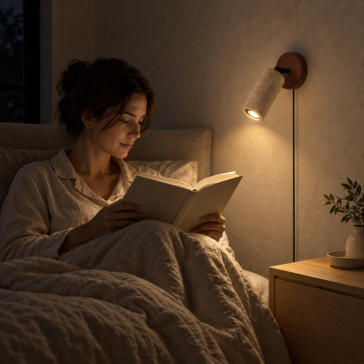 Cavenilo walnut color and yellow travertine bedside lamp lighting a book in a dark sleeping alcove