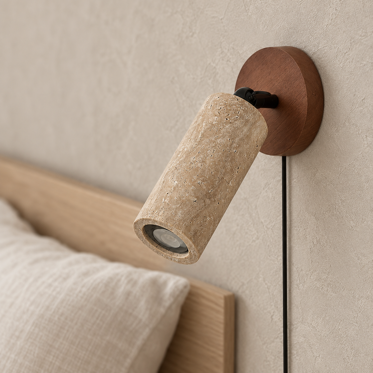 Cavenilo walnut color and yellow travertine bedside lamp showing its stone head and swivel joint