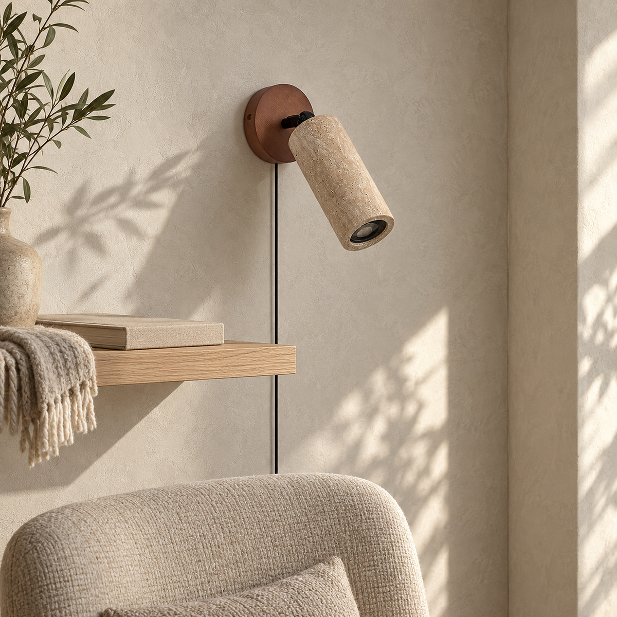 Cavenilo walnut color and yellow travertine LED wall sconce switched off beside a sunlit reading chair