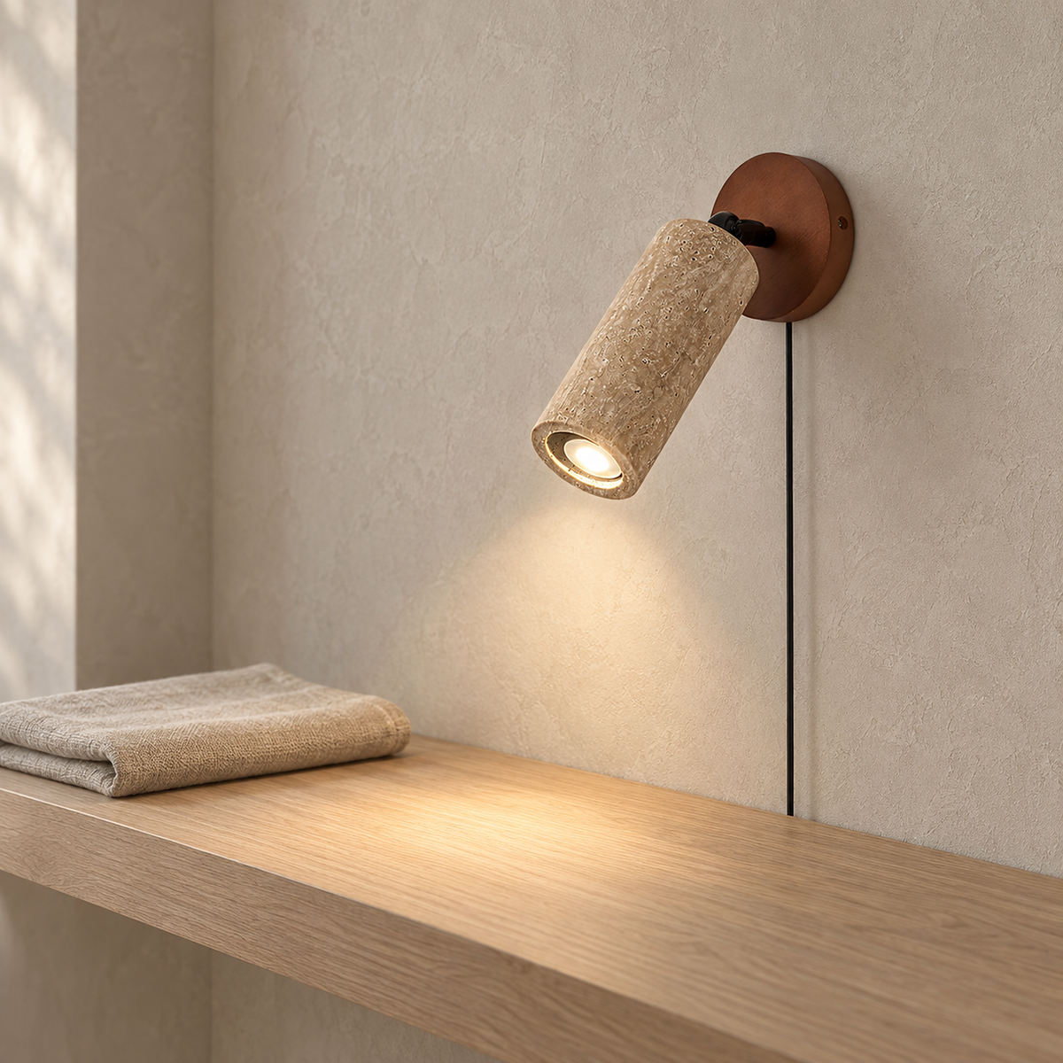 Cavenilo walnut color and yellow travertine plug in wall sconce showing its walnut base and power cord
