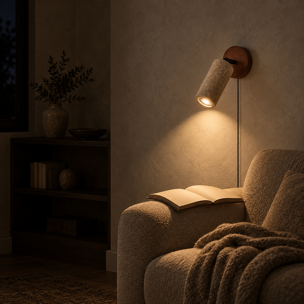 Cavenilo walnut color and yellow travertine plug in wall sconce lighting a chairside book after dark