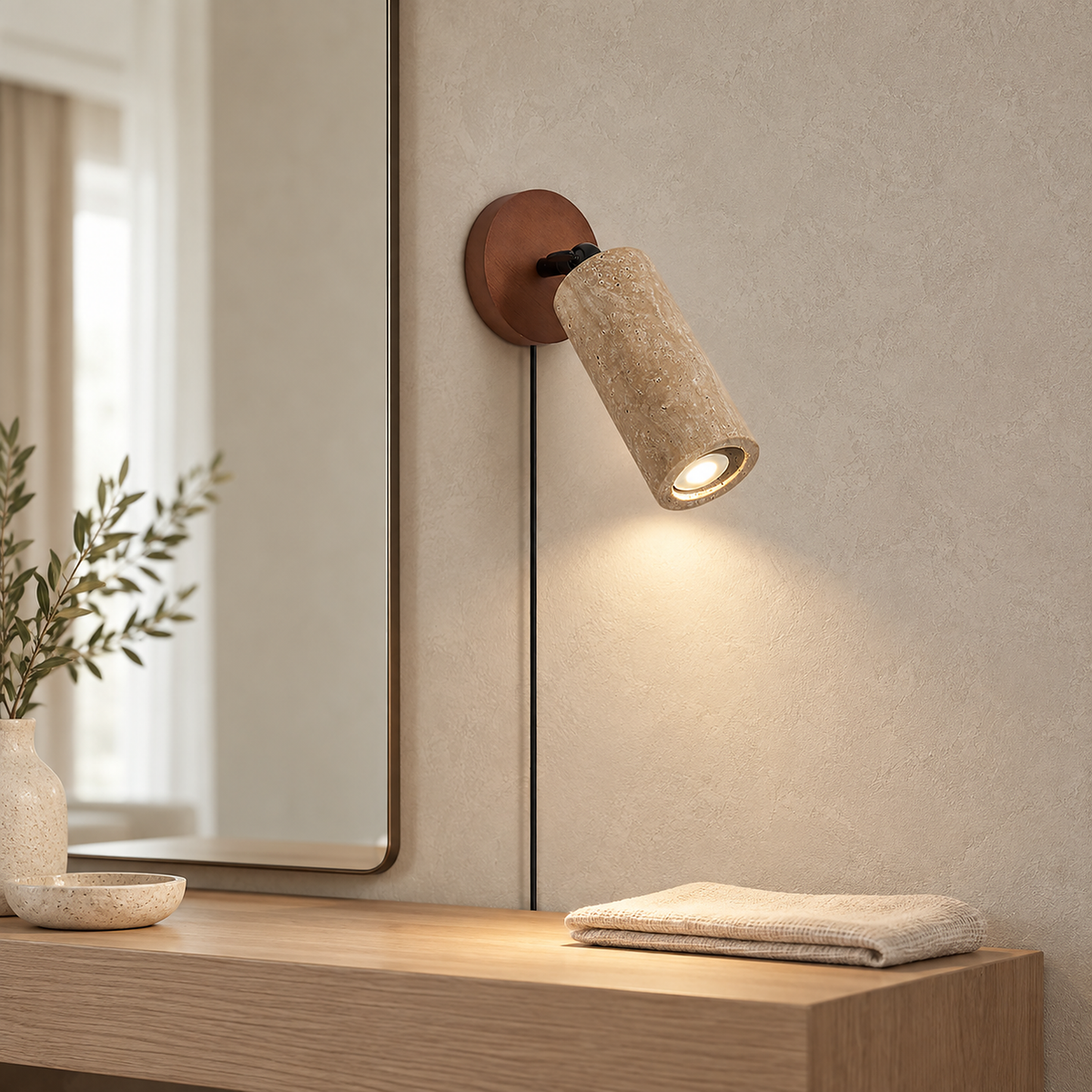 Cavenilo walnut color and yellow travertine plug in wall sconce shining beside a dressing alcove mirror